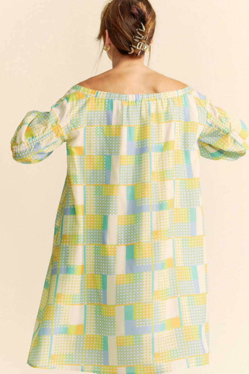 Davi & Dani Printed Off Shoulder Drawstring Sleeve Mini Dress - Love Salve 