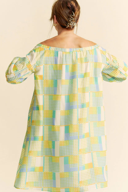 Davi & Dani Printed Off Shoulder Drawstring Sleeve Mini Dress - Love Salve 