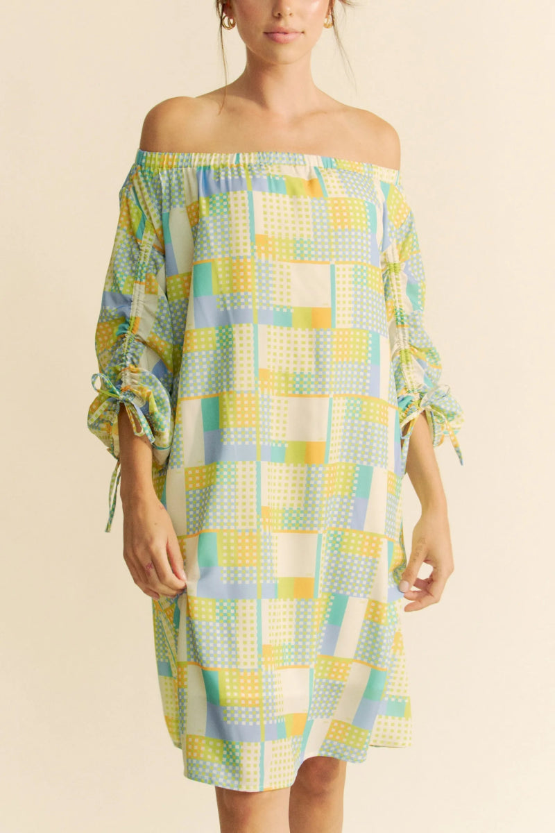 Davi & Dani Printed Off Shoulder Drawstring Sleeve Mini Dress - Love Salve 
