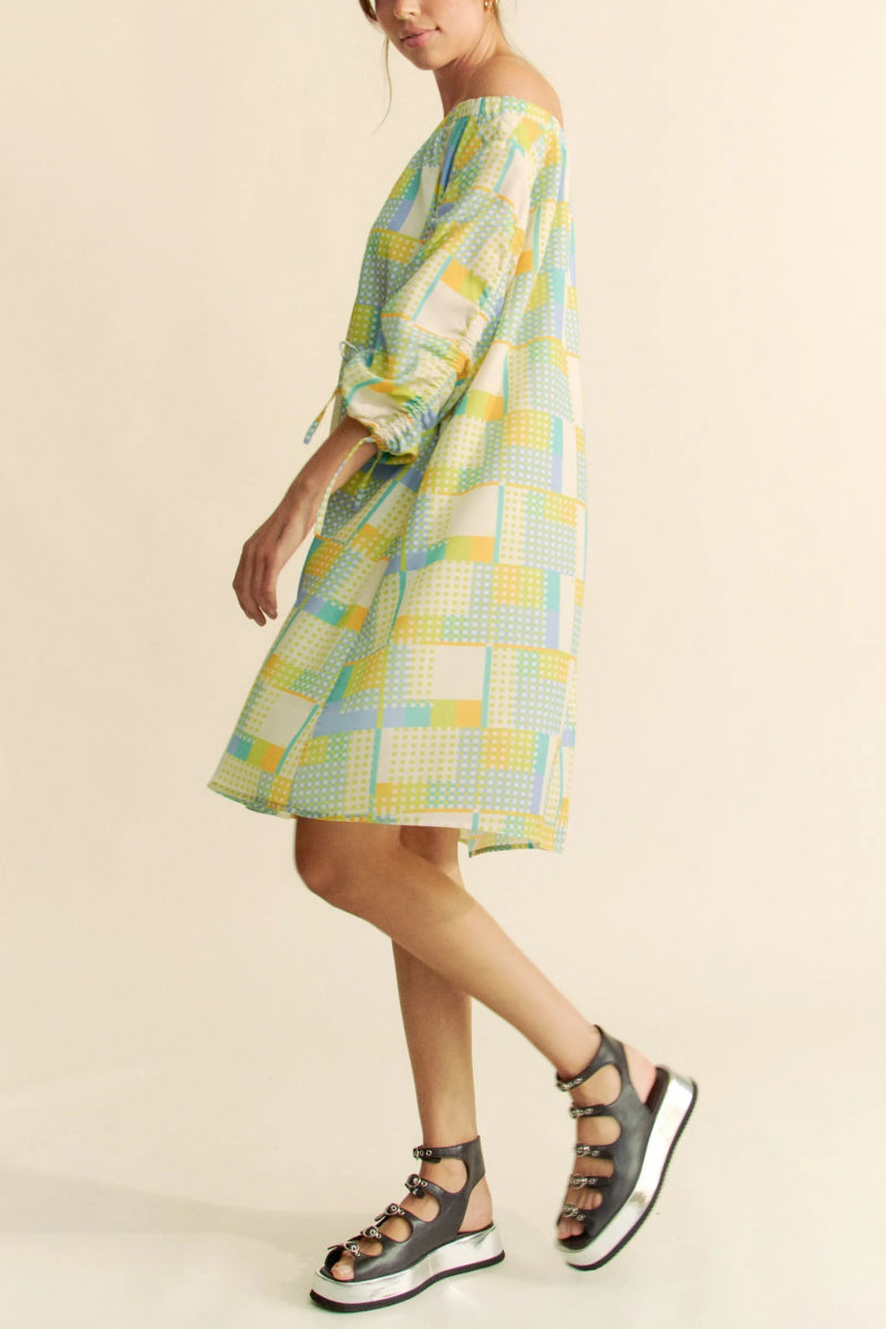Davi & Dani Printed Off Shoulder Drawstring Sleeve Mini Dress - Love Salve 
