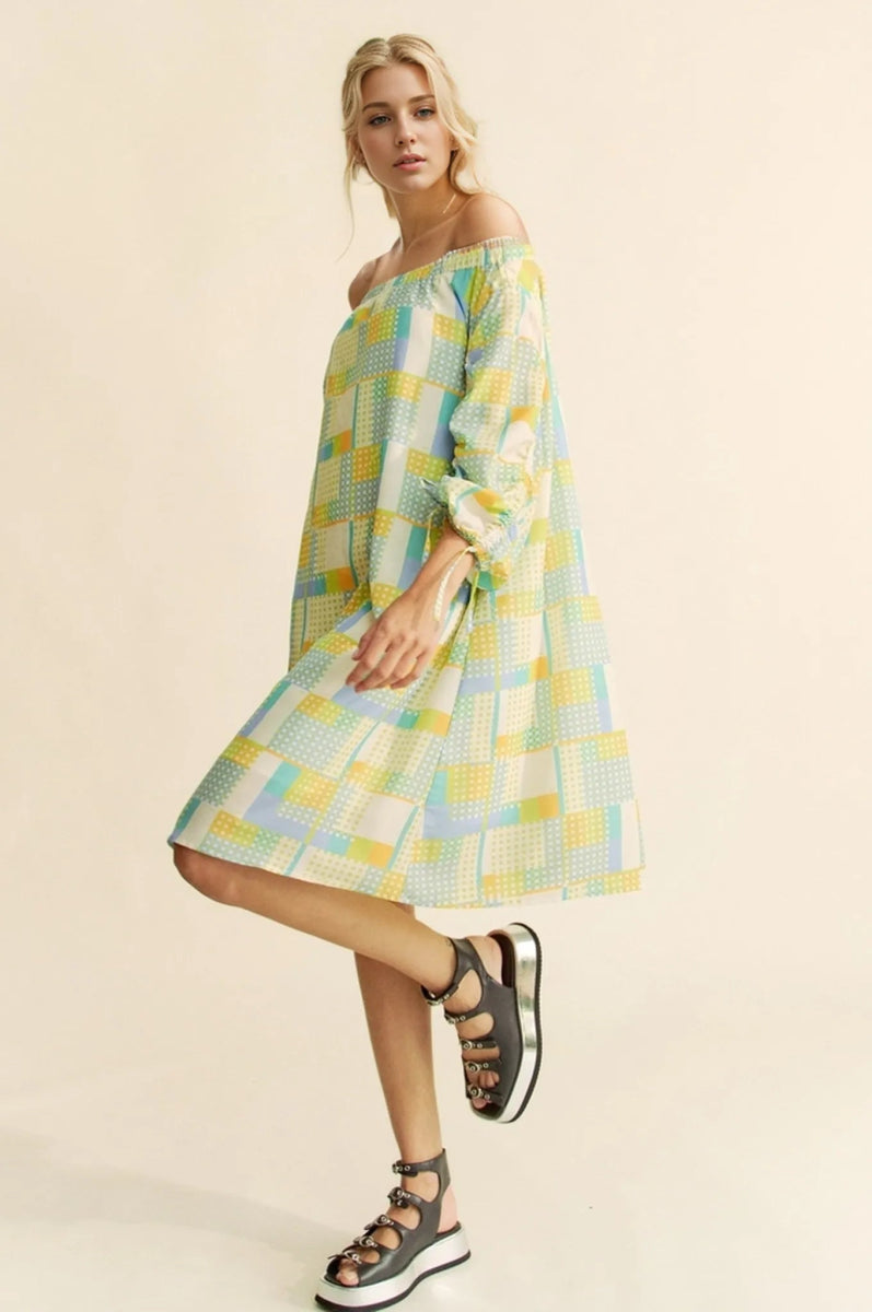 Davi & Dani Printed Off Shoulder Drawstring Sleeve Mini Dress - Love Salve 