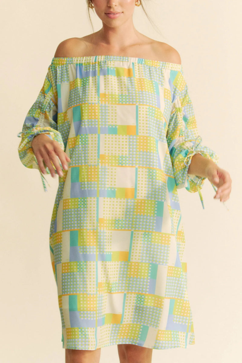 Davi & Dani Printed Off Shoulder Drawstring Sleeve Mini Dress - Love Salve 