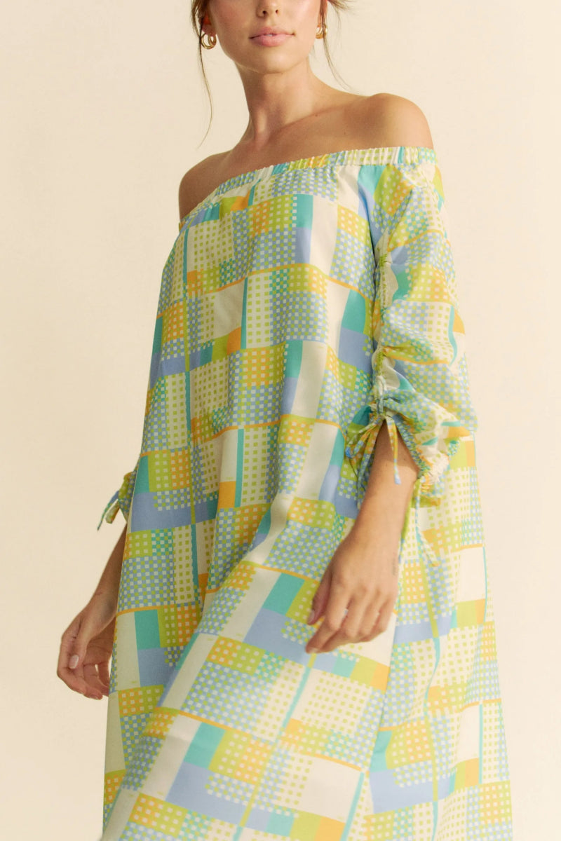 Davi & Dani Printed Off Shoulder Drawstring Sleeve Mini Dress - Love Salve 
