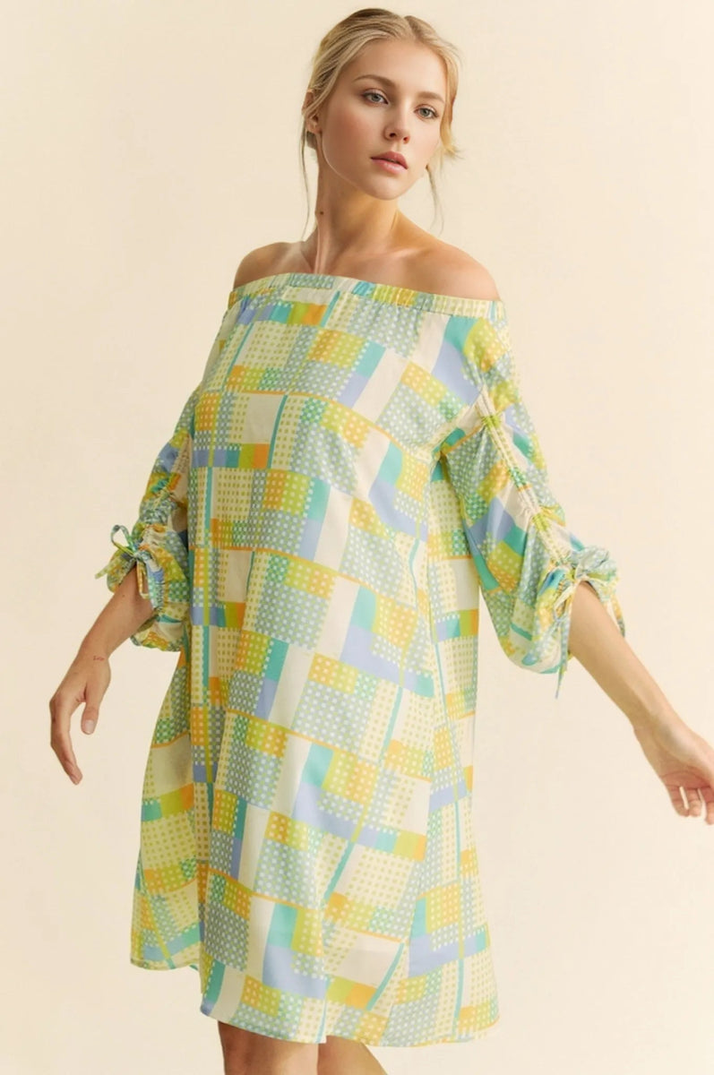 Davi & Dani Printed Off Shoulder Drawstring Sleeve Mini Dress - Love Salve 