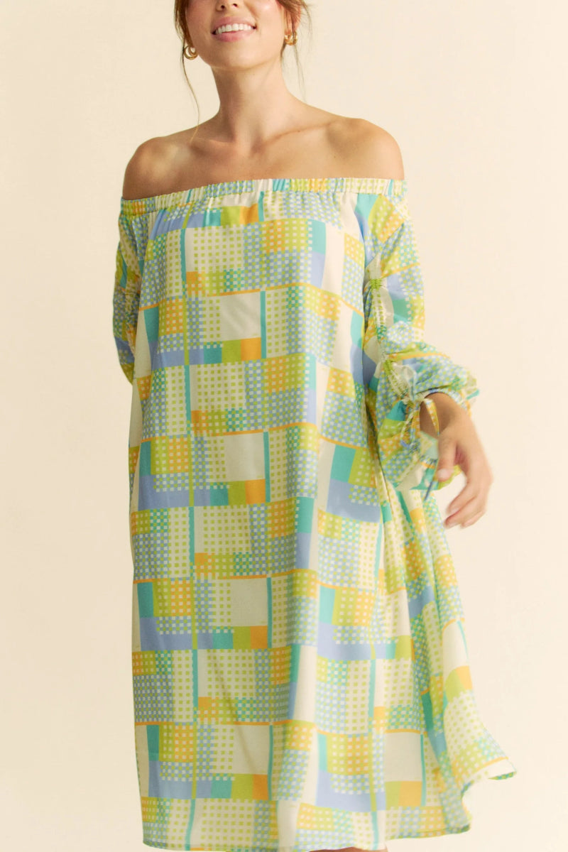 Davi & Dani Printed Off Shoulder Drawstring Sleeve Mini Dress - Love Salve 