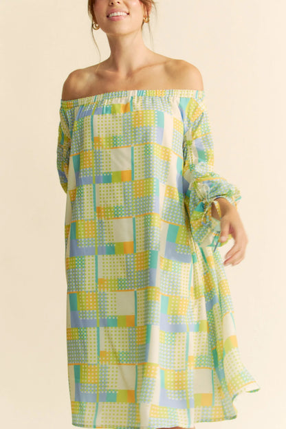 Davi & Dani Printed Off Shoulder Drawstring Sleeve Mini Dress - Love Salve 