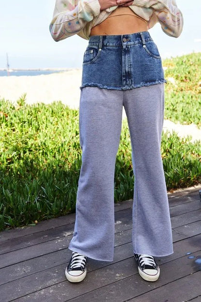 Davi & Dani Raw Hem Denim Patchwork Wide Leg Pants Women - Love Salve 