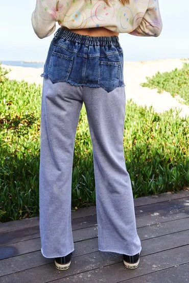 Davi & Dani Raw Hem Denim Patchwork Wide Leg Pants Women - Love Salve 