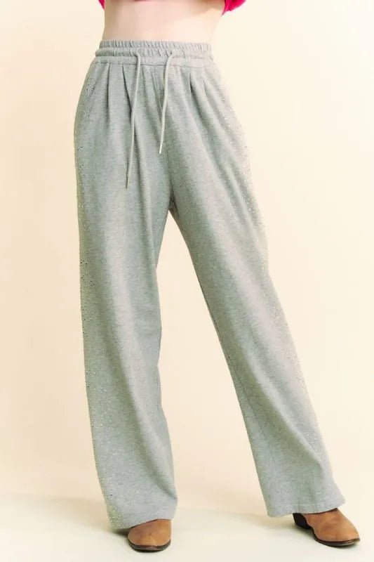 Davi & Dani Rhinestone Elastic Waist Wide Leg Pants For Women - Love Salve 