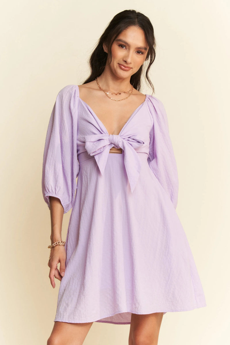 Davi & Dani Self-Tie Puff Sleeve Smocking Mini Dress - Love Salve 