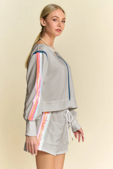 Davi & Dani Sequin Stripe Long Sleeve Top And Short Pants Set - Love Salve