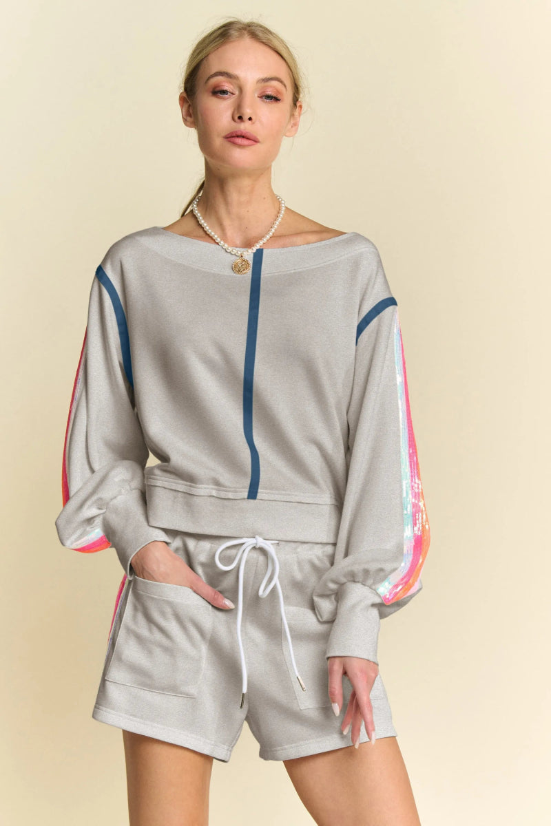 Davi & Dani Sequin Stripe Long Sleeve Top And Short Pants Set - Love Salve