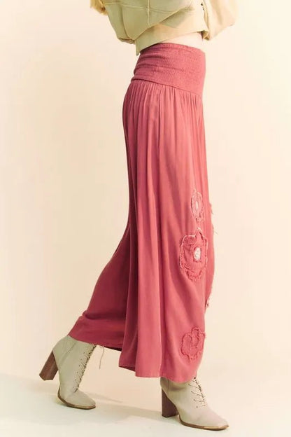 Davi & Dani Smocked Waist Flower Patch Wide Leg Pants - Love Salve 