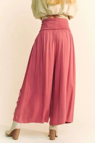 Davi & Dani Smocked Waist Flower Patch Wide Leg Pants - Love Salve 