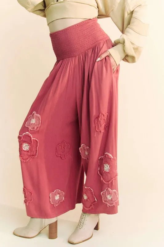 Davi & Dani Smocked Waist Flower Patch Wide Leg Pants - Love Salve 