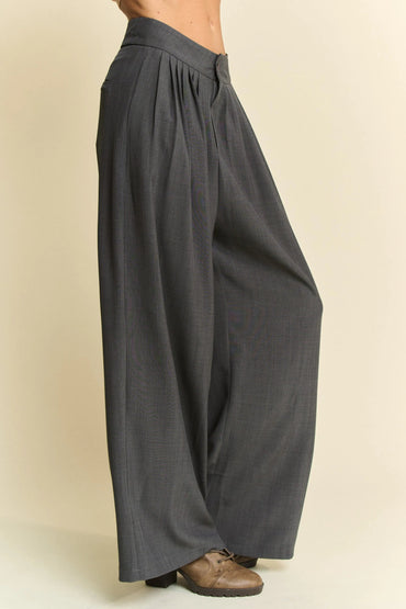 Davi & Dani Solid Back Pocket Shirring Detail Wide Leg Pants - Love Salve 