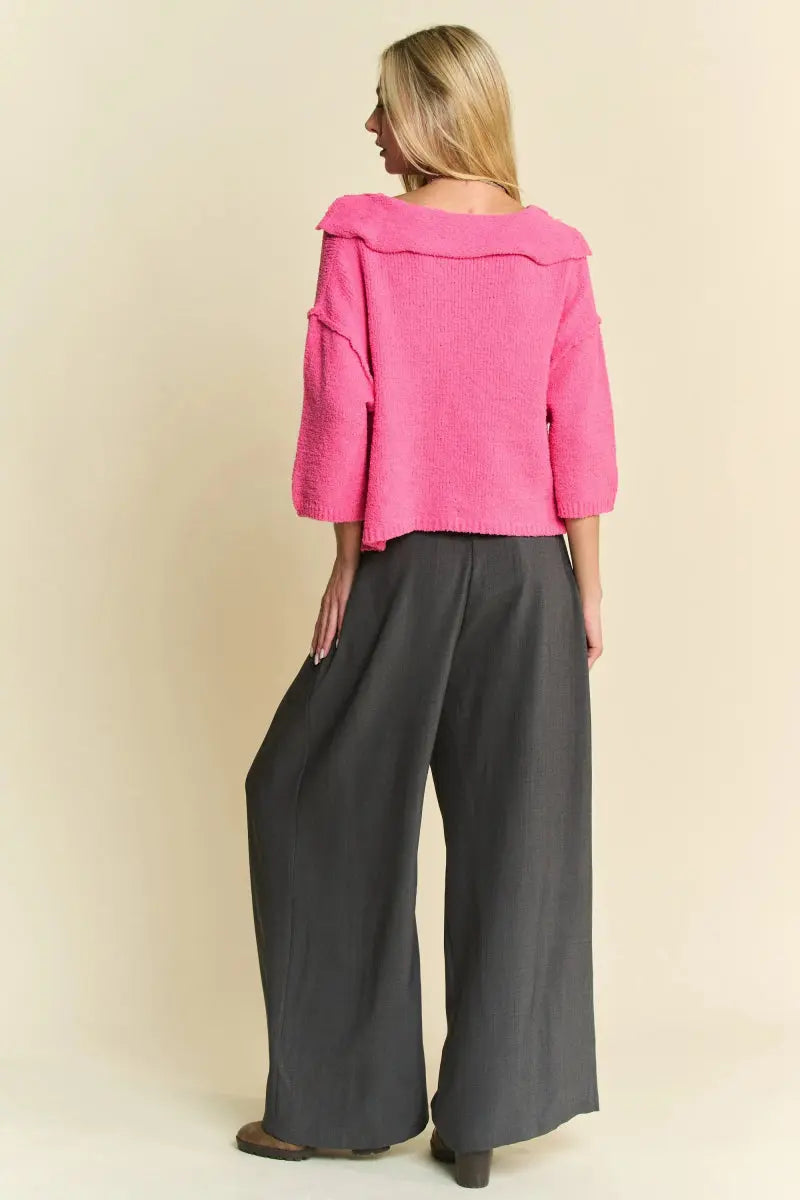 Davi & Dani Solid Back Pocket Shirring Detail Wide Leg Pants - Love Salve 