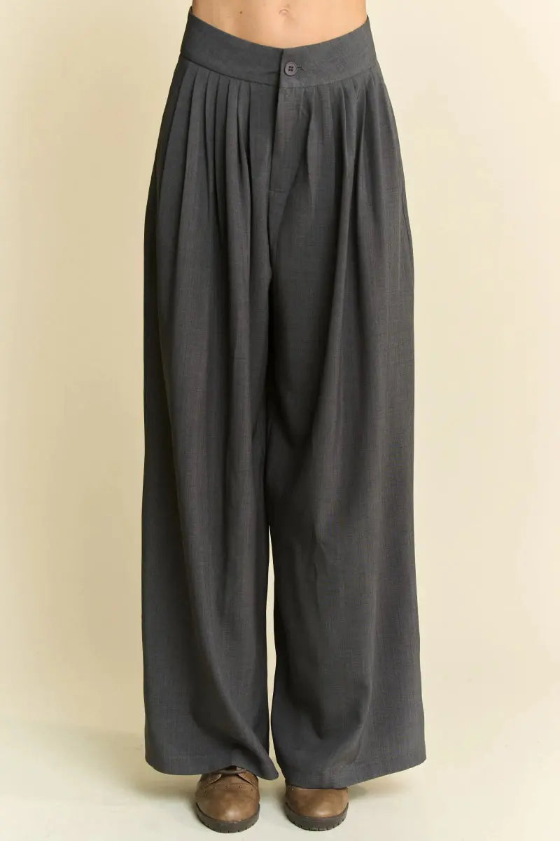 Davi & Dani Solid Back Pocket Shirring Detail Wide Leg Pants - Love Salve 