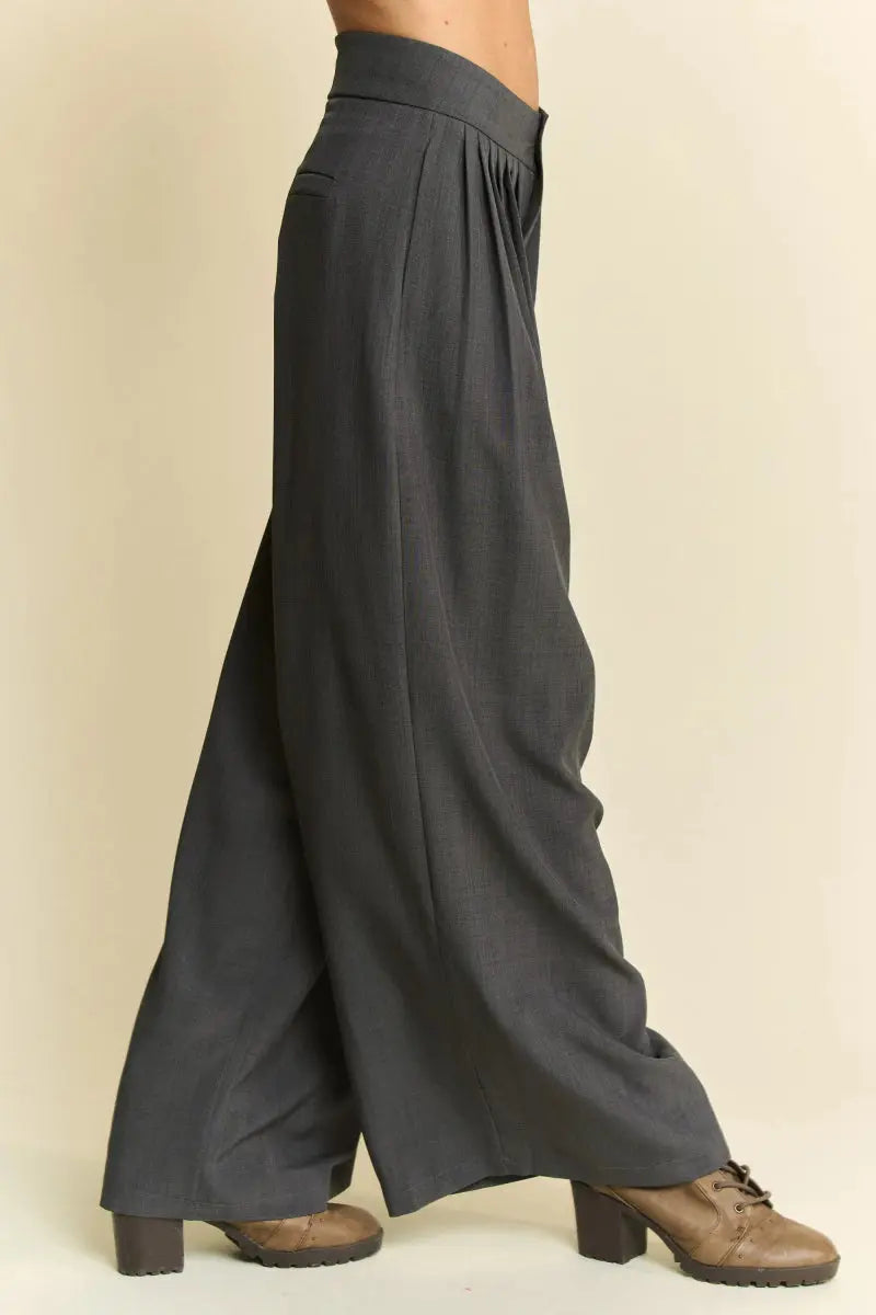 Davi & Dani Solid Back Pocket Shirring Detail Wide Leg Pants - Love Salve 