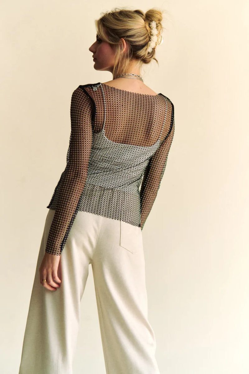 Davi & Dani Sparkling Rhinestone Sheer Mesh Round Neck Top - Love Salve 