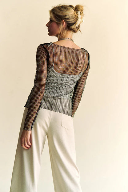Davi & Dani Sparkling Rhinestone Sheer Mesh Round Neck Top - Love Salve 