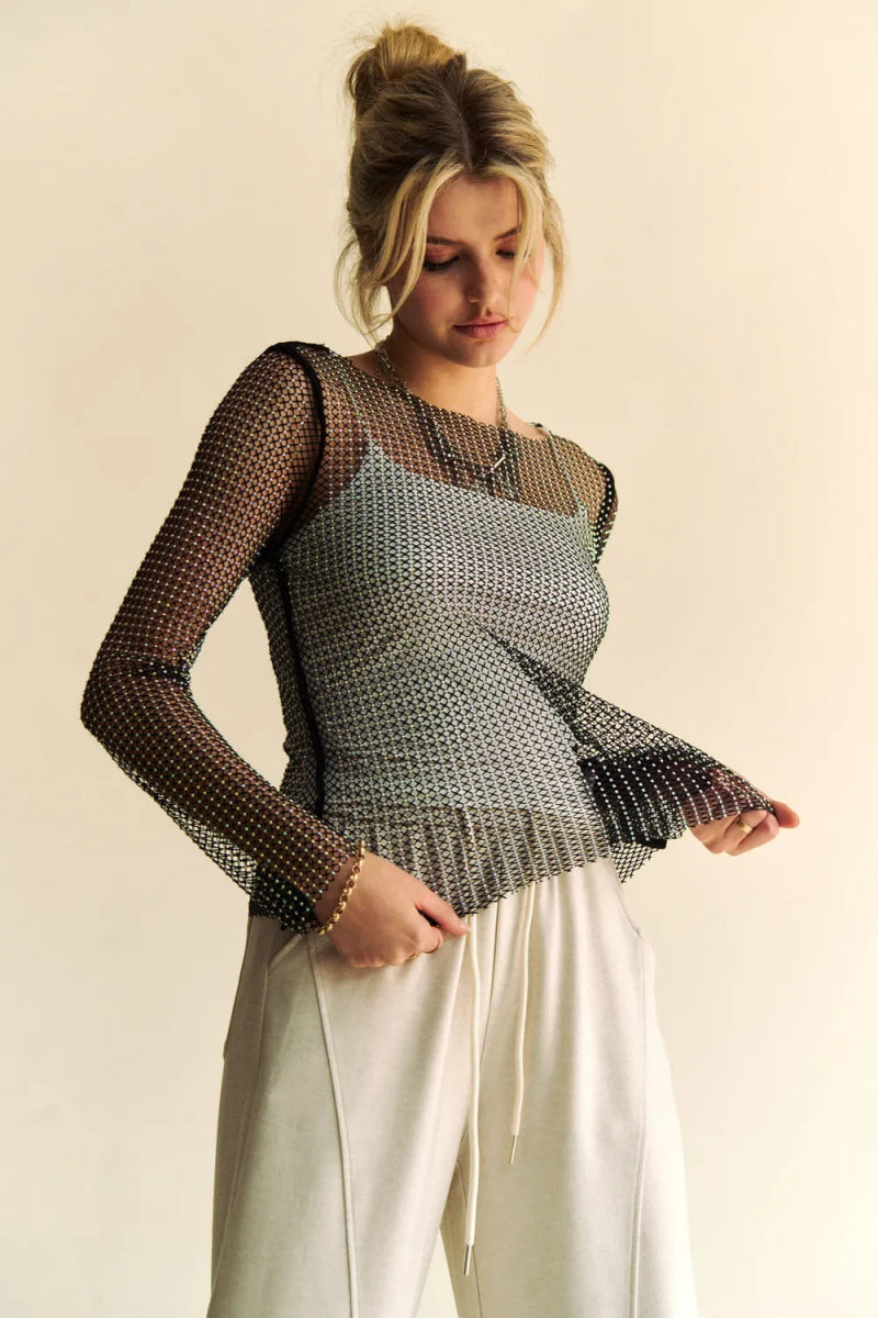 Davi & Dani Sparkling Rhinestone Sheer Mesh Round Neck Top - Love Salve 