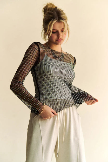 Davi & Dani Sparkling Rhinestone Sheer Mesh Round Neck Top - Love Salve 