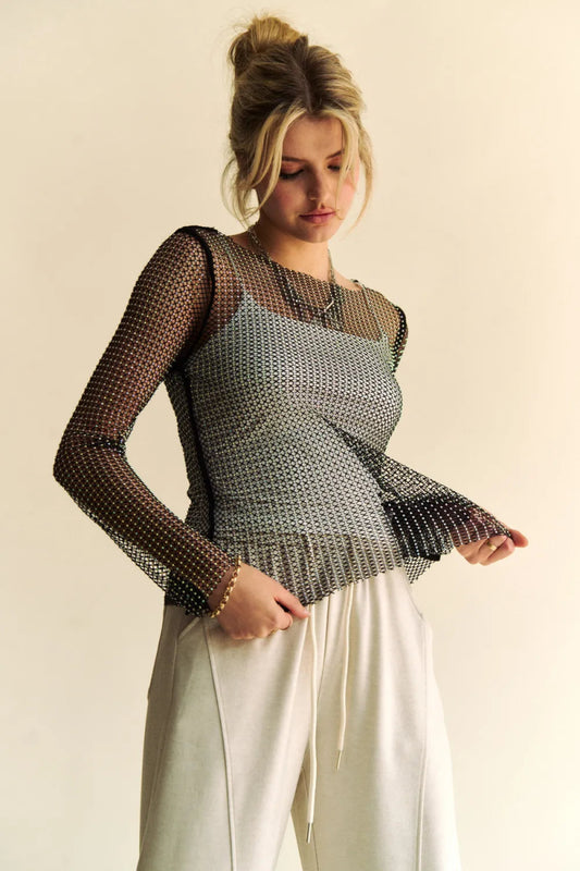 Davi & Dani Sparkling Rhinestone Sheer Mesh Round Neck Top - Love Salve 