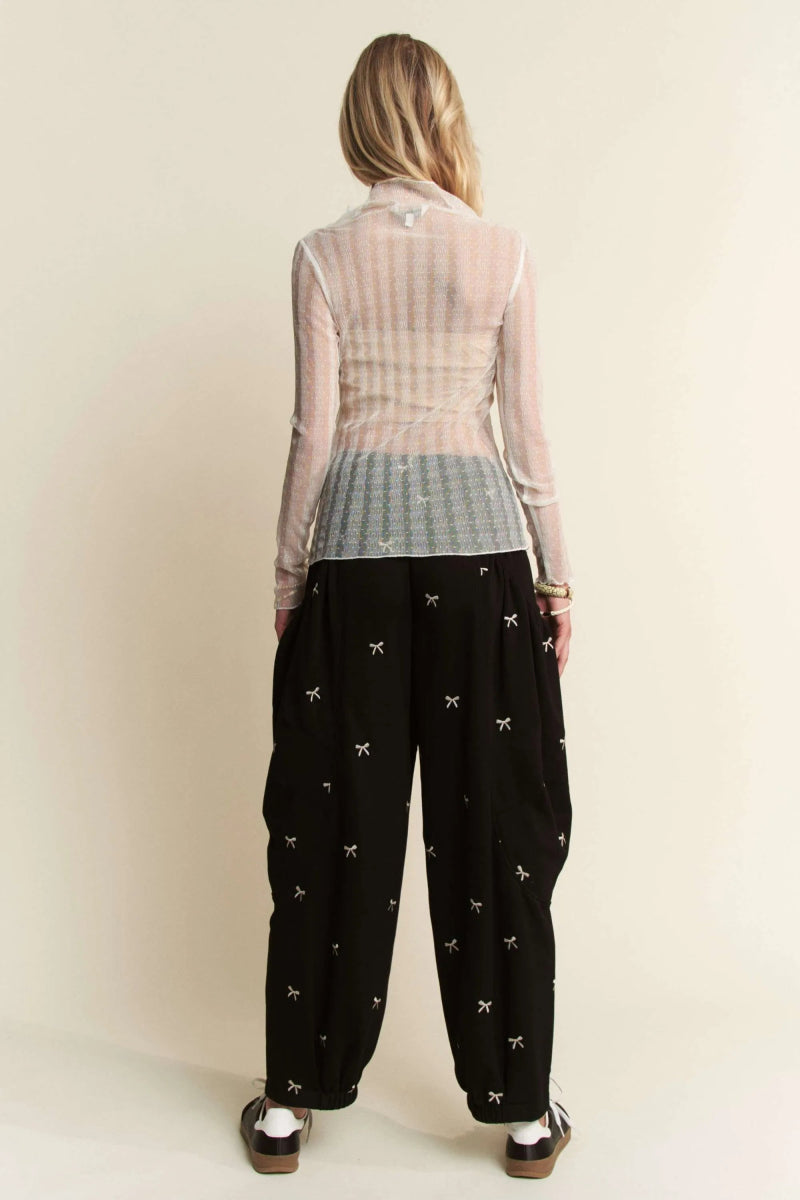 Davi & Dani Turtle Neck Lace Dotted Stretch Mesh Sheer Top - Love Salve