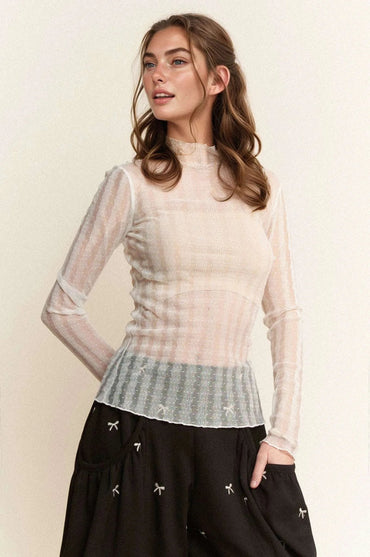 Davi & Dani Turtle Neck Lace Dotted Stretch Mesh Sheer Top - Love Salve