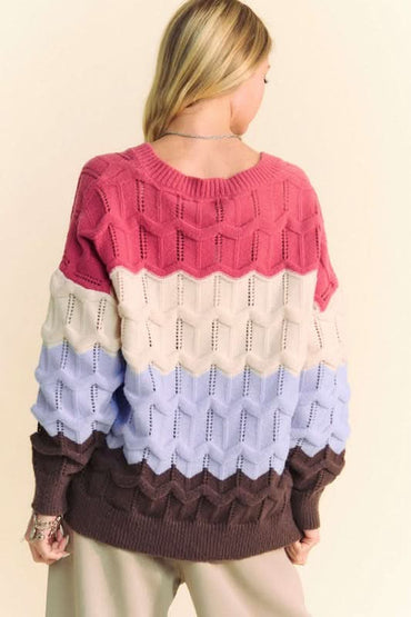 Davi & Dani Wavy Texture Color Block V - Neck Sweater - Love Salve