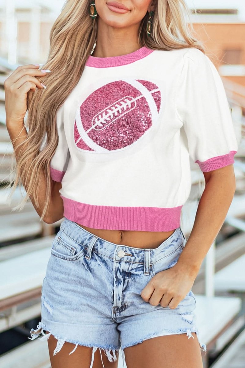 Dazzling Pink Color Block Puff Sleeve Sweater with Sequin Detail - Love Salve 