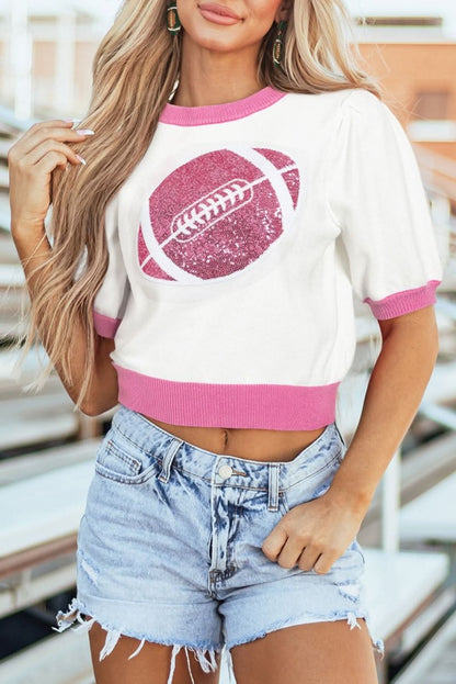 Dazzling Pink Color Block Puff Sleeve Sweater with Sequin Detail - Love Salve 