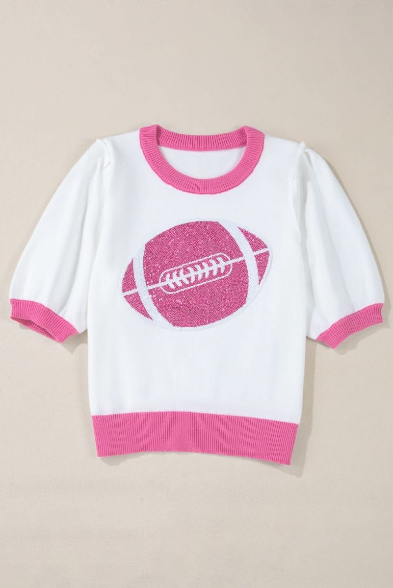 Dazzling Pink Color Block Puff Sleeve Sweater with Sequin Detail - Love Salve 