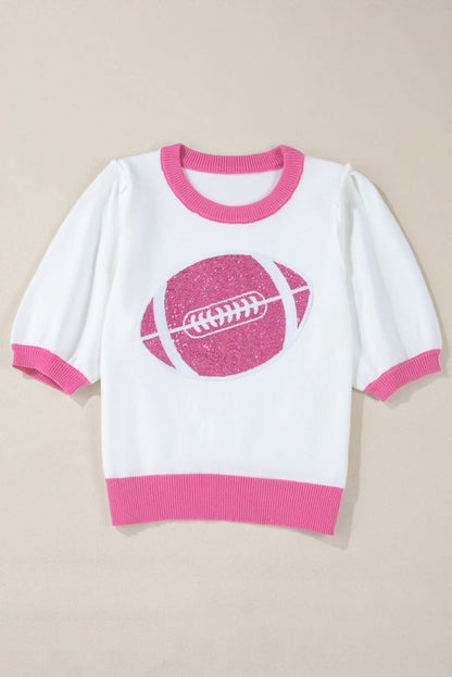 Dazzling Pink Color Block Puff Sleeve Sweater with Sequin Detail - Love Salve 