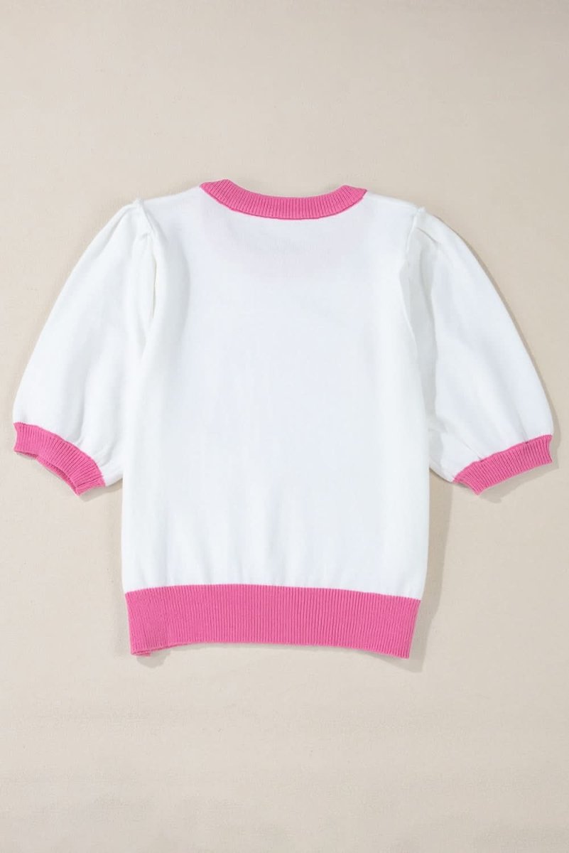 Dazzling Pink Color Block Puff Sleeve Sweater with Sequin Detail - Love Salve 