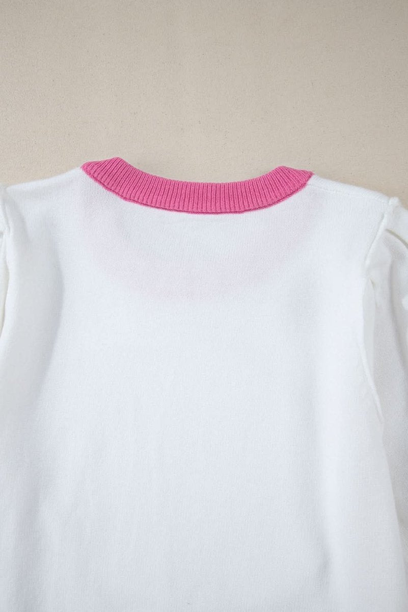 Dazzling Pink Color Block Puff Sleeve Sweater with Sequin Detail - Love Salve 