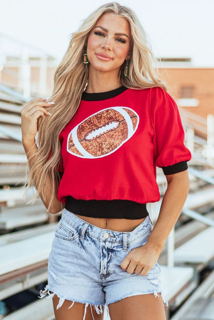 Dazzling Red Sequin Color Block Puff Sleeve Sweater - Love Salve 