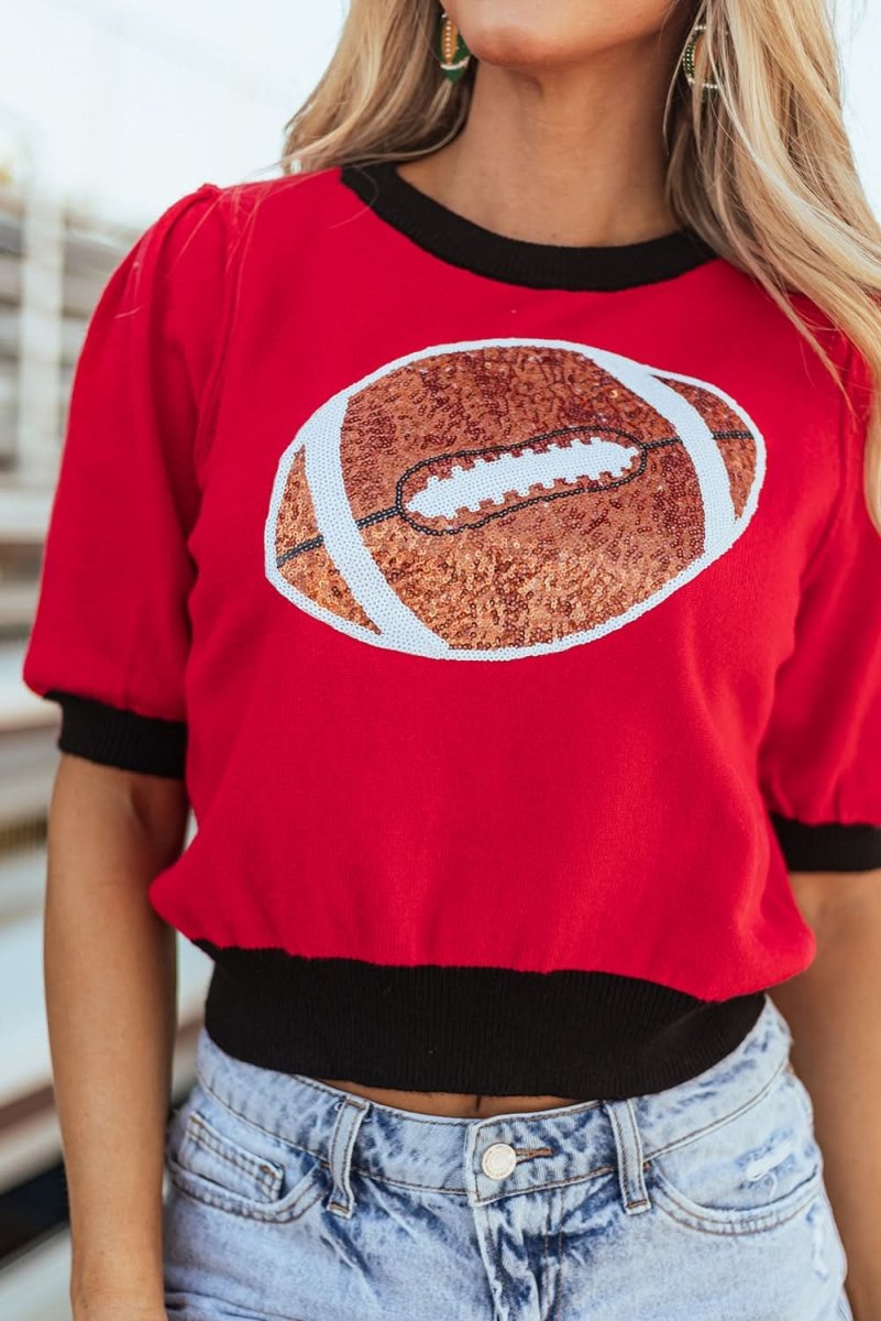 Dazzling Red Sequin Color Block Puff Sleeve Sweater - Love Salve 