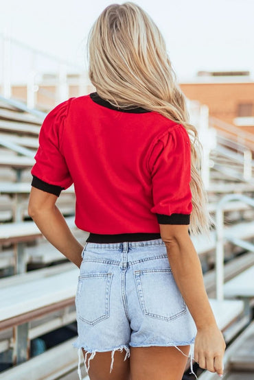 Dazzling Red Sequin Color Block Puff Sleeve Sweater - Love Salve 
