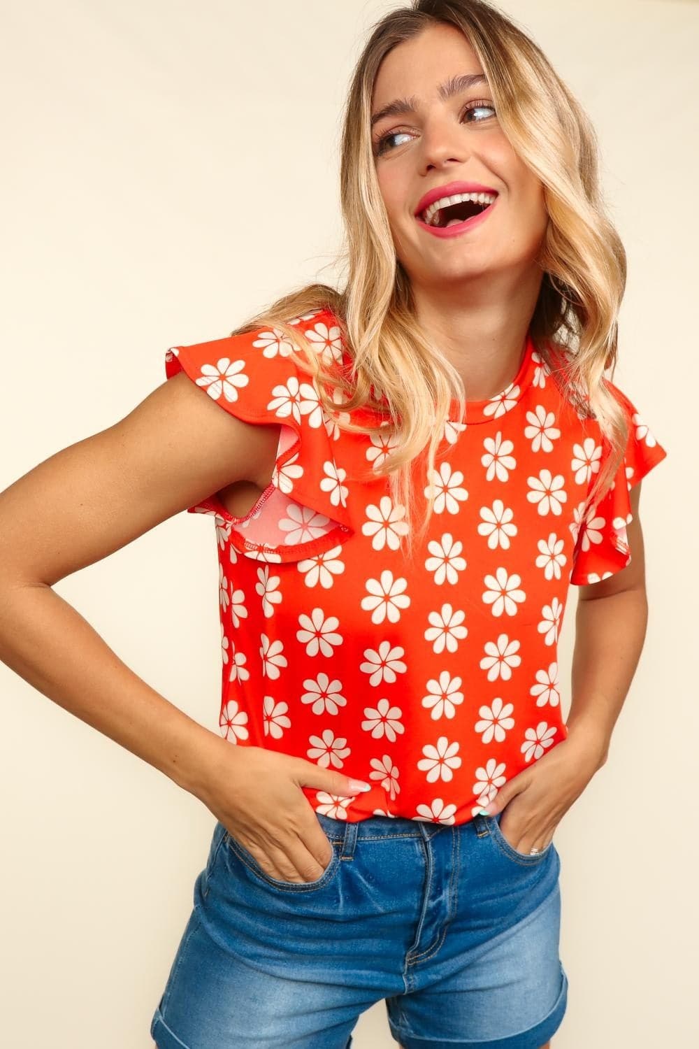 Haptics Round Neck Ruffled Floral Contrast Knit Top.