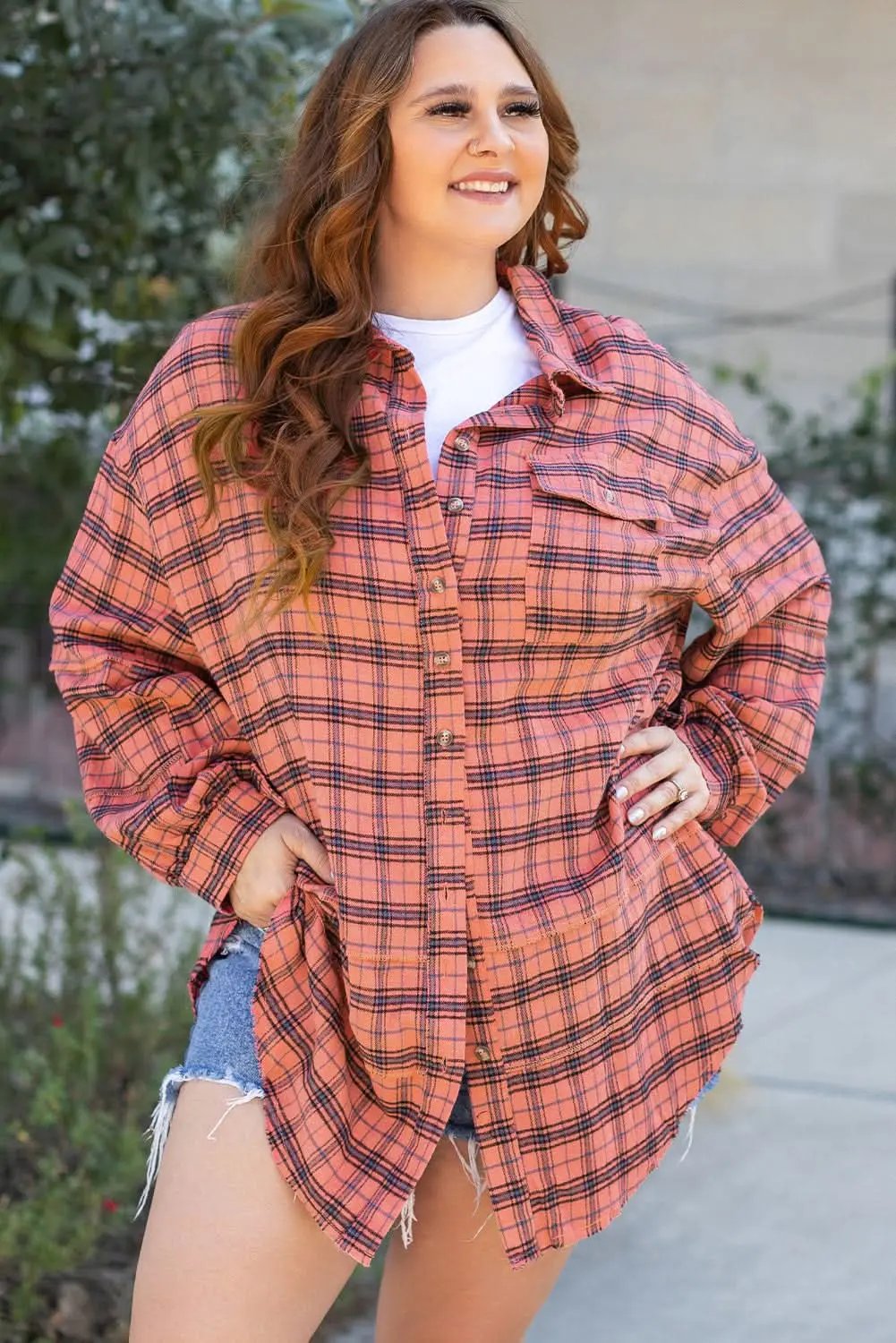 Red Plaid Long Sleeeve Side Split Distressed Hem Shirt - Love Salve 