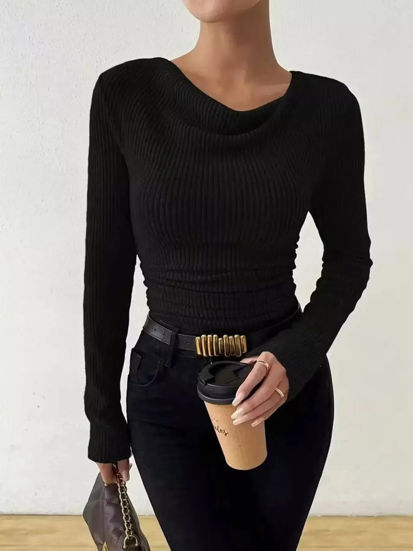 Cowl Neck Ribbed Knit Top Simply Love