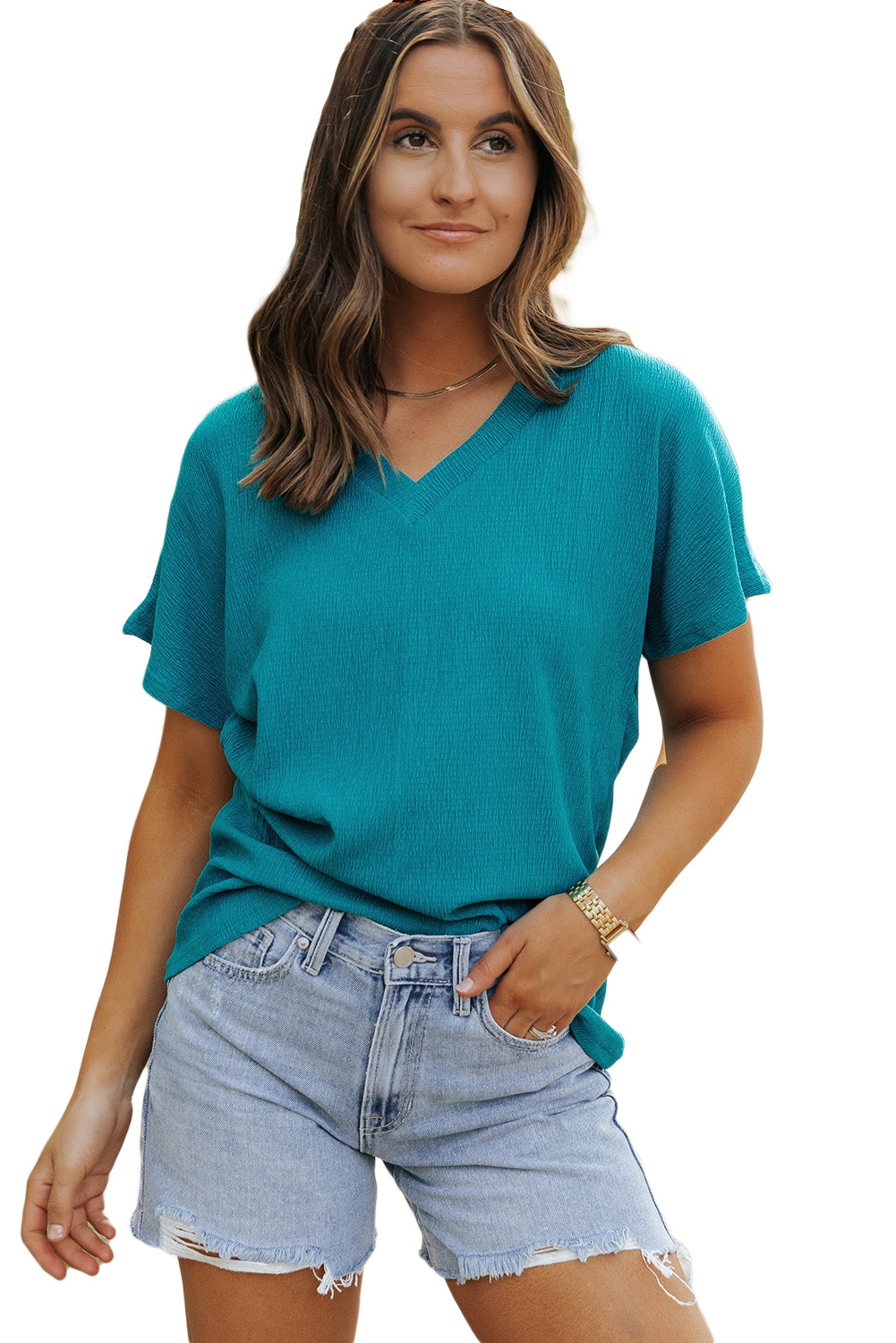 Crinkled blue sapphire V-neck T-shirt with wide sleeves