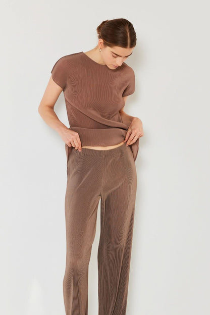 Ribbed Pleated Wide-Leg Trousers with Elastic Waist