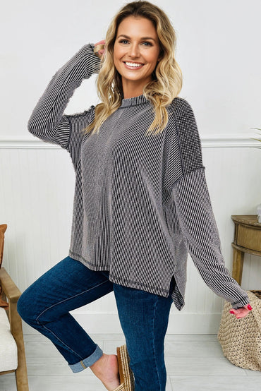 Black Twist Ribbed Exposed Seam Detail Long Sleeve Top
