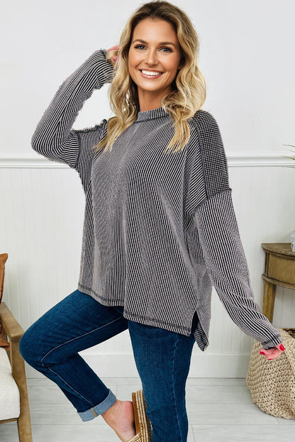 Black Twist Ribbed Exposed Seam Detail Long Sleeve Top