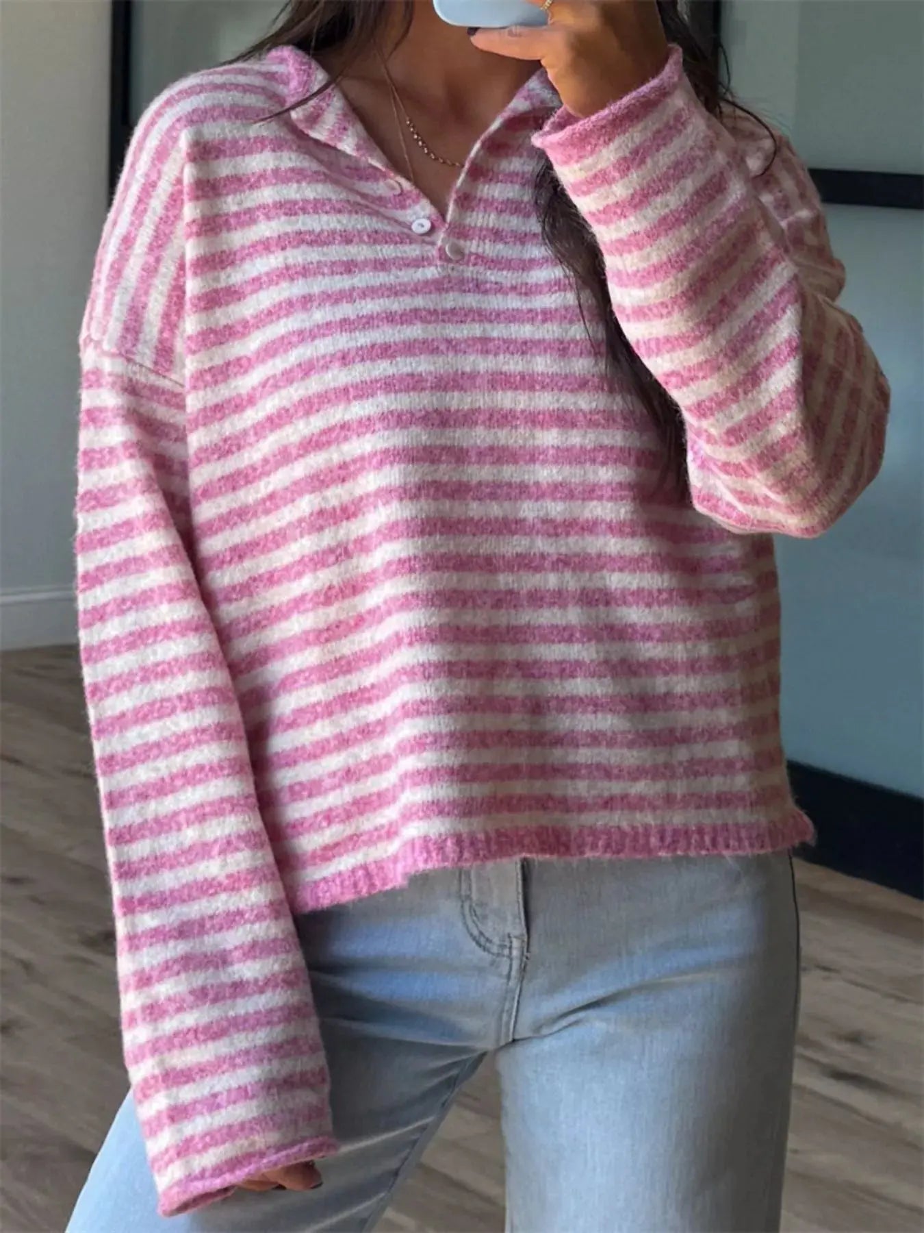 Button Detail Dropped Shoulder Striped Sweater Simply Love
