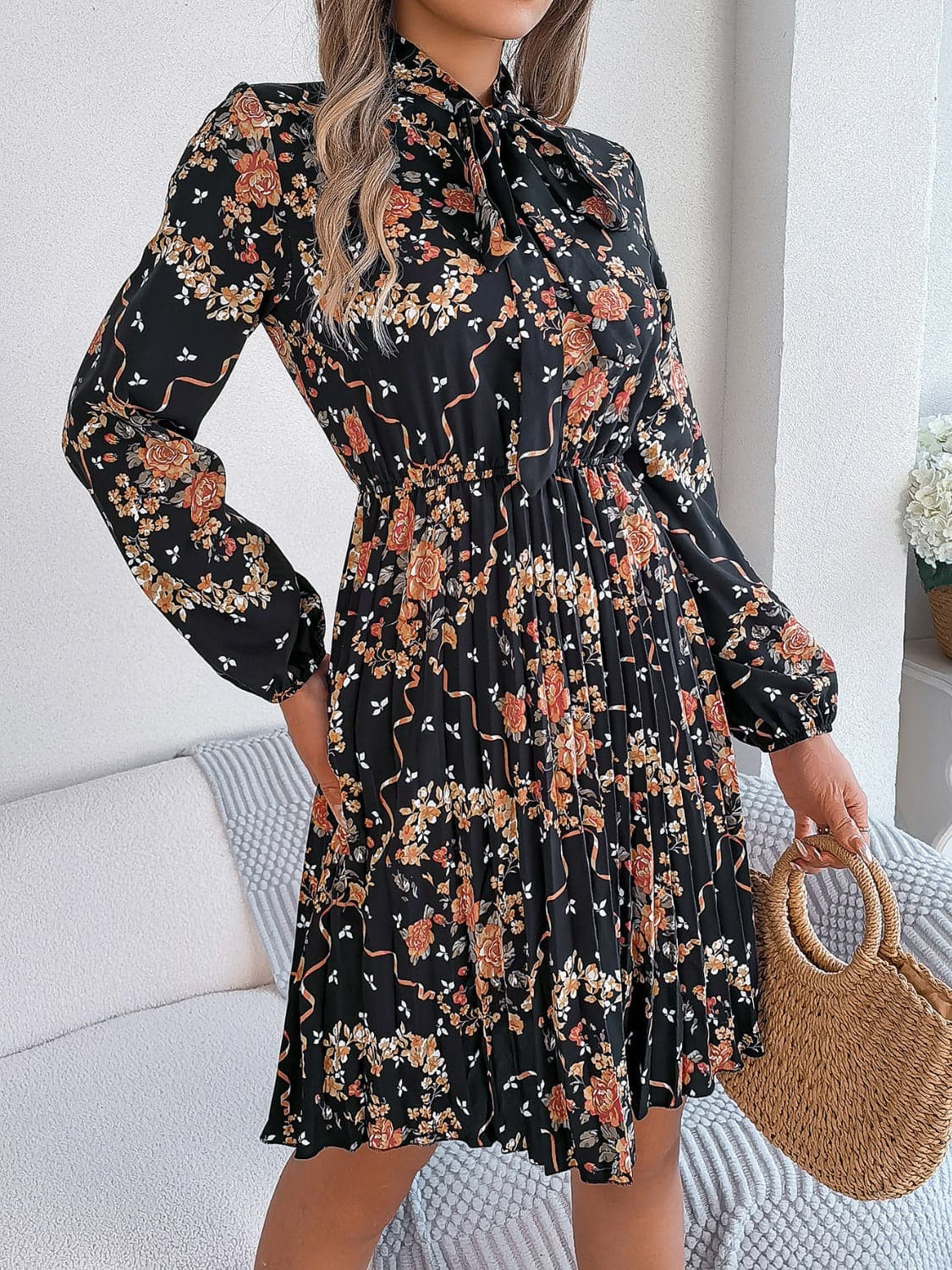 Pleated Printed Tie Neck Long Sleeve Dress.