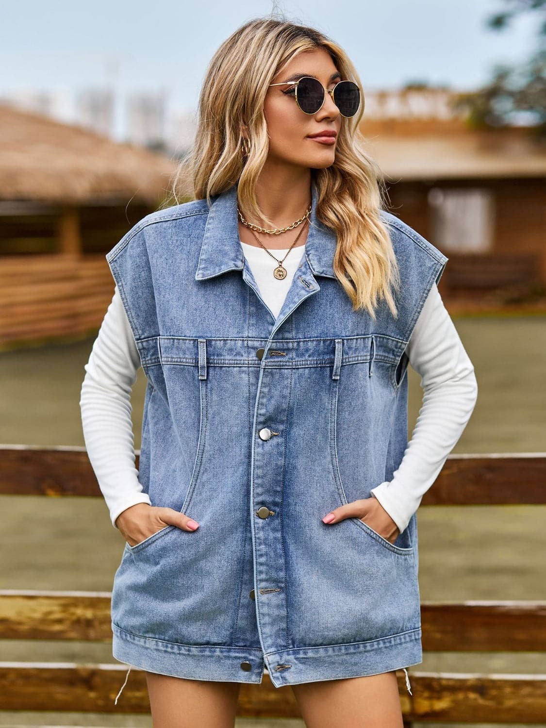 Button Up Collared Neck Sleeveless Denim Jacket.